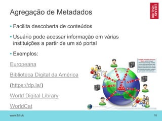 www.bl.uk 16
Agregação de Metadados
• Facilita descoberta de conteúdos
• Usuário pode acessar informação em várias
instituições a partir de um só portal
• Exemplos:
Europeana
Biblioteca Digital da América
(https://dp.la/)
World Digital Library
WorldCat
 