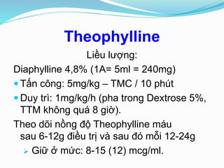 Theophylline
Liều lượng:
Diaphylline 4,8% (1A= 5ml = 240mg)
 Tấn công: 5mg/kg – TMC / 10 phút
 Duy trì: 1mg/kg/h (pha trong Dextrose 5%,
TTM không quá 8 giờ).
Theo dõi nồng độ Theophylline máu
sau 6-12g điều trị và sau đó mỗi 12-24g
 Giữ ở mức: 8-15 (12) mcg/ml.
 