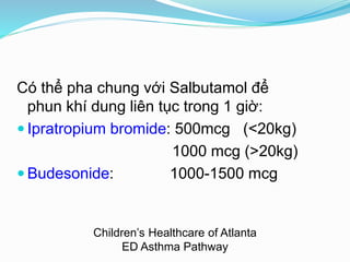 Có thể pha chung với Salbutamol để
phun khí dung liên tục trong 1 giờ:
 Ipratropium bromide: 500mcg (<20kg)
1000 mcg (>20kg)
 Budesonide: 1000-1500 mcg
Children’s Healthcare of Atlanta
ED Asthma Pathway
 