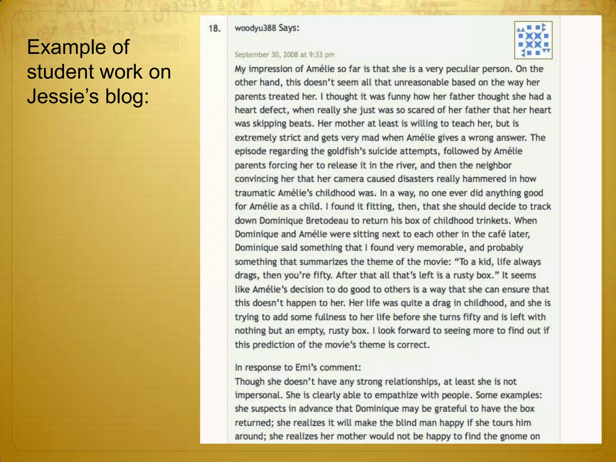 Example of student work on Jessie’s blog: 