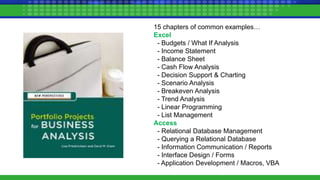 15 chapters of common examples…
Excel
- Budgets / What If Analysis
- Income Statement
- Balance Sheet
- Cash Flow Analysis
- Decision Support & Charting
- Scenario Analysis
- Breakeven Analysis
- Trend Analysis
- Linear Programming
- List Management
Access
- Relational Database Management
- Querying a Relational Database
- Information Communication / Reports
- Interface Design / Forms
- Application Development / Macros, VBA
 