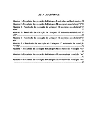 LISTA DE QUADROS
Quadro 1 - Resultado da execução da Listagem 9: entrada e saída de dados..32
Quadro 2 - Resultado da execução da Listagem 12: comando condicional “if”34
Quadro 3 - Resultado da execução da Listagem 13: comando condicional “if-
else” .........................................................................................................................35
Quadro 4 - Resultado da execução da Listagem 15: comando condicional “if-
elif” ...........................................................................................................................37
Quadro 5 - Resultado da execução da Listagem 16: comando condicional “if-
elif” ...........................................................................................................................38
Quadro 6 - Resultado da execução da Listagem 17: comando de repetição
“while”......................................................................................................................40
Quadro 7 - Resultado da execução da Listagem 18: comando de repetição “for”
..................................................................................................................................41
Quadro 8 - Resultado da execução da Listagem 19: comando de repetição “for”
..................................................................................................................................42
Quadro 9 - Resultado da execução da Listagem 20: comando de repetição “for”
..................................................................................................................................43
 