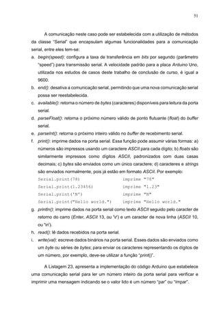 51
A comunicação neste caso pode ser estabelecida com a utilização de métodos
da classe “Serial” que encapsulam algumas funcionalidades para a comunicação
serial, entre eles tem-se:
a. begin(speed): configura a taxa de transferência em bits por segundo (parâmetro
“speed”) para transmissão serial. A velocidade padrão para a placa Arduino Uno,
utilizada nos estudos de casos deste trabalho de conclusão de curso, é igual a
9600.
b. end(): desativa a comunicação serial, permitindo que uma nova comunicação serial
possa ser reestabelecida.
c. available(): retorna o número de bytes (caracteres) disponíveis para leitura da porta
serial.
d. parseFloat(): retorna o próximo número válido de ponto flutuante (float) do buffer
serial.
e. parseInt(): retorna o próximo inteiro válido no buffer de recebimento serial.
f. print(): imprime dados na porta serial. Essa função pode assumir várias formas: a)
números são impressos usando um caractere ASCII para cada dígito; b) floats são
similarmente impressos como dígitos ASCII, padronizados com duas casas
decimais; c) bytes são enviados como um único caractere; d) caracteres e strings
são enviados normalmente, pois já estão em formato ASCII. Por exemplo:
Serial.print(78) imprime "78"
Serial.print(1.23456) imprime "1.23"
Serial.print('N') imprime "N"
Serial.print("Hello world.") imprime "Hello world."
g. println(): imprime dados na porta serial como texto ASCII seguido pelo caracter de
retorno do carro (Enter, ASCII 13, ou 'r') e um caracter de nova linha (ASCII 10,
ou 'n').
h. read(): lê dados recebidos na porta serial.
i. write(val): escreve dados binários na porta serial. Esses dados são enviados como
um byte ou séries de bytes; para enviar os caracteres representando os dígitos de
um número, por exemplo, deve-se utilizar a função “print()”.
A Listagem 23, apresenta a implementação do código Arduino que estabelece
uma comunicação serial para ler um número inteiro da porta serial para verificar e
imprimir uma mensagem indicando se o valor lido é um número “par” ou “ímpar”.
 