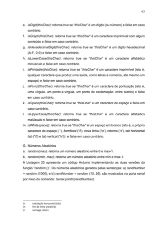 63
e. isDigit(thisChar): retorna true se “thisChar” é um dígito (ou número) e false em caso
contrário.
f. isGraph(thisChar): retorna true se “thisChar” é um caractere imprimível com algum
conteúdo e false em caso contrário.
g. isHexadecimalDigit(thisChar): retorna true se “thisChar” é um digito hexadecimal
(A-F, 0-9) e false em caso contrário.
h. isLowerCase(thisChar): retorna true se “thisChar” é um caractere alfabético
minúsculo e false em caso contrário.
i. isPrintable(thisChar): retorna true se “thisChar” é um caractere imprimível (isto é,
qualquer caractere que produz uma saída, como letras e números, até mesmo um
espaço) e false em caso contrário.
j. isPunct(thisChar): retorna true se “thisChar” é um caractere de pontuação (isto é,
uma vírgula, um ponto-e-vírgula, um ponto de exclamação, entre outros) e false
em caso contrário.
k. isSpace(thisChar): retorna true se “thisChar” é um caractere de espaço e false em
caso contrário.
l. isUpperCase(thisChar): retorna true se “thisChar” é um caractere alfabético
maiúsculo e false em caso contrário.
m. isWhitespace(): retorna true se “thisChar” é um espaço em branco (isto é, o próprio
caractere de espaço (' '), formfeed ('f'), nova linha ('n'), retorno ('r'), tab horizontal
tab ('t') e tab vertical ('v')) e false em caso contrário.
G. Números Aleatórios
a. random(max): retorna um número aleatório entre 0 e max-1.
b. random(min, max): retorna um número aleatório entre min e max-1.
A Listagem 25 apresenta um código Arduino implementando as duas versões da
função “random ()”. Os números aleatórios gerados pelas sentenças: a) randNumber
= random (1000); e b) randNumber = random (15, 26); são mostrados na porta serial
por meio do comando: Serial.println(randNumber).
t tabulação horizontal (tab)
n fim de linha (newline)
r carriage return
 