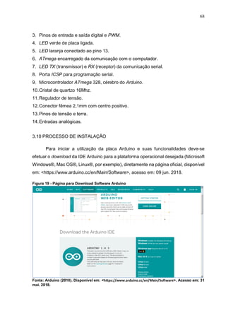 68
3. Pinos de entrada e saída digital e PWM.
4. LED verde de placa ligada.
5. LED laranja conectado ao pino 13.
6. ATmega encarregado da comunicação com o computador.
7. LED TX (transmissor) e RX (receptor) da comunicação serial.
8. Porta ICSP para programação serial.
9. Microcontrolador ATmega 328, cérebro do Arduino.
10.Cristal de quartzo 16Mhz.
11.Regulador de tensão.
12.Conector fêmea 2,1mm com centro positivo.
13.Pinos de tensão e terra.
14.Entradas analógicas.
3.10 PROCESSO DE INSTALAÇÃO
Para iniciar a utilização da placa Arduino e suas funcionalidades deve-se
efetuar o download da IDE Arduino para a plataforma operacional desejada (Microsoft
Windows®, Mac OS®, Linux®, por exemplo), diretamente na página oficial, disponível
em: <https://www.arduino.cc/en/Main/Software>, acesso em: 09 jun. 2018.
Figura 19 - Página para Download Software Arduino
Fonte: Arduino (2018). Disponível em: <https://www.arduino.cc/en/Main/Software>. Acesso em: 31
mai. 2018.
 