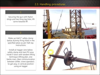 Securing the gun with Nylon
slings and two long tag lines, lift
same towards RF.
1
Make up Hall 2” safety clamp
below dummy firing head in the
specified place as per Hall rep.
instructions
Install air tagger wire below
safety clamp and start PU assy.
inside V door with tandem lifting
technique (lifting plan, one
banks man, clear communication
between driller, crane operator)
to get assy. in vertical position
using air tagger
2
2.3. Handling procedures
 
