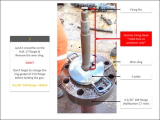 Firing Pin
Dummy Firing Head
“Used here as
protector only”
C-plate
4-1/16” 10K flange
(Halliburton CT riser)
Land it smoothly on the
Hall. CT flange &
Remove the wire sling.
DON’T
Don’t forget to change the
ring gasket of CTU flange
before landing the gun.
4-1/16” 10K flange > BX155
3
Wire sling
 