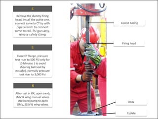 Remove the dummy firing
head, install the active one,
connect same to CT by with
pipe wrench to connect
same to coil, PU gun assy.,
release safety clamp
4
Coiled-Tubing
Firing head
GUN
C-plate
Close CT flange, pressure
test riser to 500 PSI only for
10 Minutes ( to avoid
shearing ball seat by
mistake), normally pressure
test riser to 3,000 Psi
5
After test in OK, open swab,
LMV & wing manual valves.
Use hand pump to open
UMV, SSSV & wing valves.
6
 