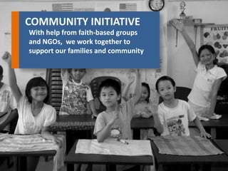 MYANMAR REFUGEES 
Documented and undocumented Myanmars who are waiting for resettlement through UNHCR 
COMMUNITY INITIATIVE 
With help from faith-based groups and NGOs, we work together to support our families and community 
 