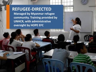 REFUGEE-DIRECTED 
Managed by Myanmar refugee community. Training provided by UNHCR, with administrative oversight by HOPE EFC  