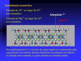 Substituição isomórfica
 Entrada do Al3+ no lugar do Si4+
 nos tetraedros                            Alumínio 3+
 Entrada de Mg2+ no lugar de Al3+
 nos octaedros                                      Silício 4+




 Nos argilominerais 2:1 o excesso de carga negativa é compensado pela
 carga positiva de cátions, lâminas hidróxido ou polímeros de hidróxi-
 Al situado entre camadas, as quais mantém as camadas unidas
 