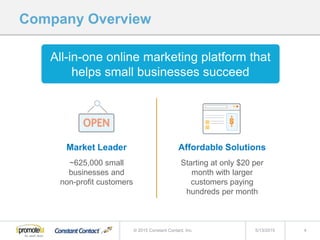 Company Overview
5/13/2015 4© 2015 Constant Contact, Inc.
All-in-one online marketing platform that
helps small businesses succeed
Market Leader
~625,000 small
businesses and
non-profit customers
Affordable Solutions
Starting at only $20 per
month with larger
customers paying
hundreds per month
 