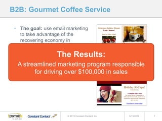 B2B: Gourmet Coffee Service
• The goal: use email marketing
to take advantage of the
recovering economy in
California
• The Strategy: monthly
promotional emails designed
to drive online sales
5/13/2015 7© 2015 Constant Contact, Inc.
The Results:
A streamlined marketing program responsible
for driving over $100,000 in sales
 