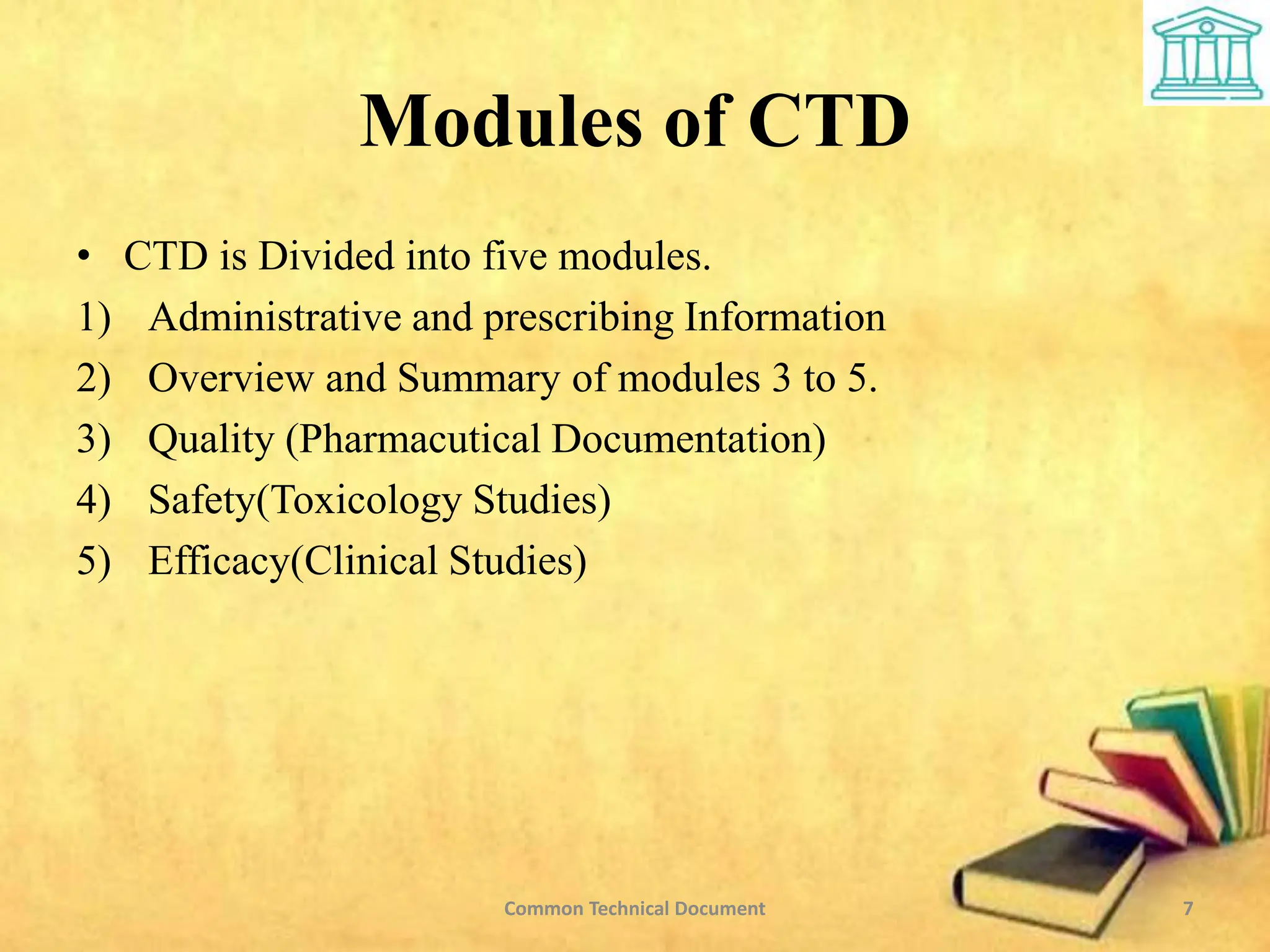 Modules of CTD
• CTD is Divided into five modules.
1) Administrative and prescribing Information
2) Overview and Summary of modules 3 to 5.
3) Quality (Pharmacutical Documentation)
4) Safety(Toxicology Studies)
5) Efficacy(Clinical Studies)
7
Common Technical Document
 