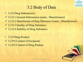 3.2 Body of Data
• 3.2.S Drug Substance(s)
 3.2.S.1 General Information (name , Manufacturer)
 3.2.S.2 Manufacture of drug Substance (name , Manufacturer)
 3.2.S.3 Quality of Drug Substance
 3.2.S.4 Stability of Drug Substance
• 3.2.P Drug Product
 3.2.P.4 Control of Excipients
 3.2.P.5 Control of Drug Product
Common Technical Document 13
 