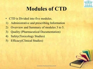 Modules of CTD
• CTD is Divided into five modules.
1) Administrative and prescribing Information
2) Overview and Summary of modules 3 to 5.
3) Quality (Pharmacutical Documentation)
4) Safety(Toxicology Studies)
5) Efficacy(Clinical Studies)
7
Common Technical Document
 