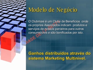 Ganhos distribuídos através do sistema Marketing Multinível. Modelo de Negócio FRASE DE J.P.GETTY O Clubmaxi é um Clube de Benefícios  onde os próprios Associados indicam  produtos e serviços de nossos parceiros para outros consumidores e são bonificados por isto. 