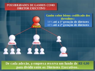 Ganho sobre bônus codificado dos downlines:   50%  até a 1ª geração de diretores 40%  até a 2ª geração   de diretores De cada adesão, a empresa reserva um fundo de   R$ 4,00  para dividir entre os Diretores Executivos. POSSIBILIDADES DE GANHOS COMO  DIRETOR EXECUTIVO Diretor Diretor Diretor 