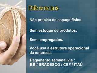 Não precisa de espaço físico.  Pagamento semanal via :  BB / BRADESCO / CEF / ITAÚ  Sem  empregados. Você usa a estrutura operacional  da empresa. Sem estoque de produtos. Diferenciais 