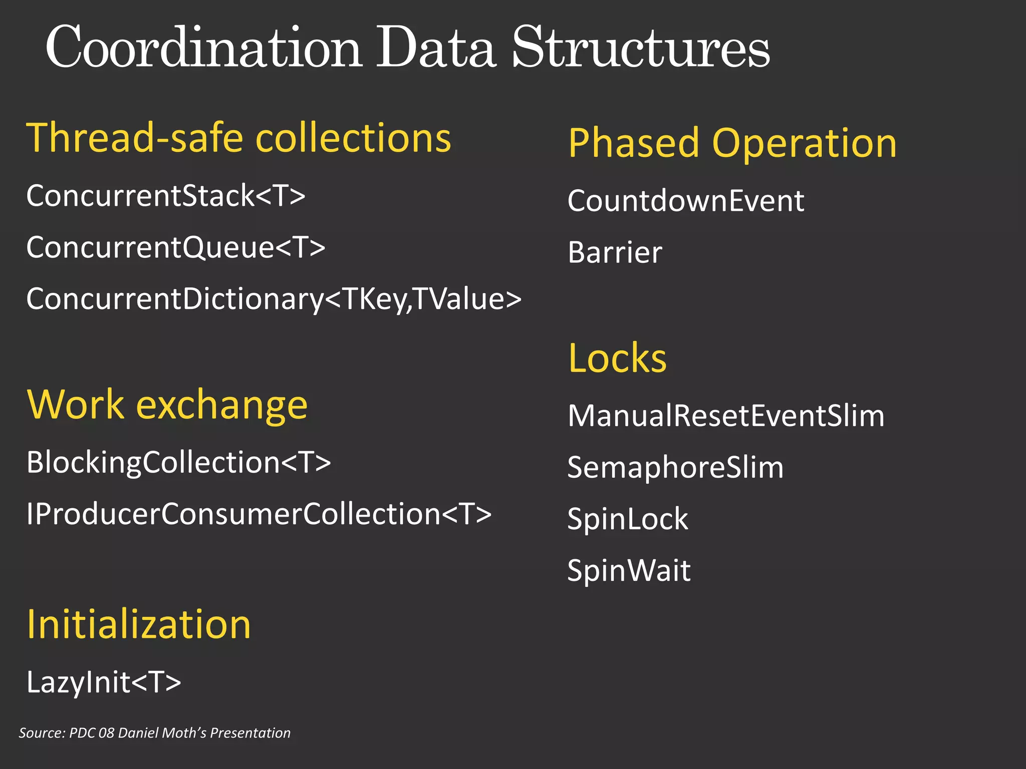 Thread-safe collections Phased Operation ConcurrentStack<T> ConcurrentQueue<T> ConcurrentDictionary<TKey,TValue> Locks Work exchange BlockingCollection<T> IProducerConsumerCollection<T> Initialization LazyInit<T> Source: PDC 08 Daniel Moth’s Presentation 