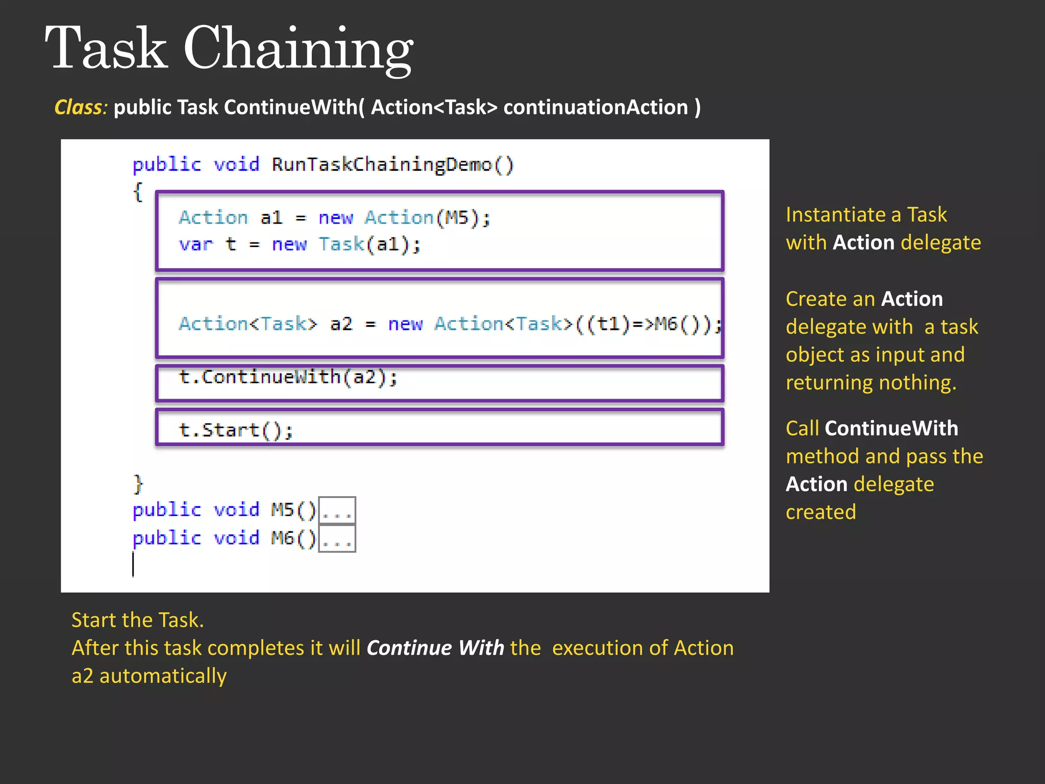 Class: public Task ContinueWith( Action<Task> continuationAction ) Instantiate a Task with Action delegate Create an Action delegate with a task object as input and returning nothing. Call ContinueWith method and pass the Action delegate created Start the Task. After this task completes it will Continue With the execution of Action a2 automatically 