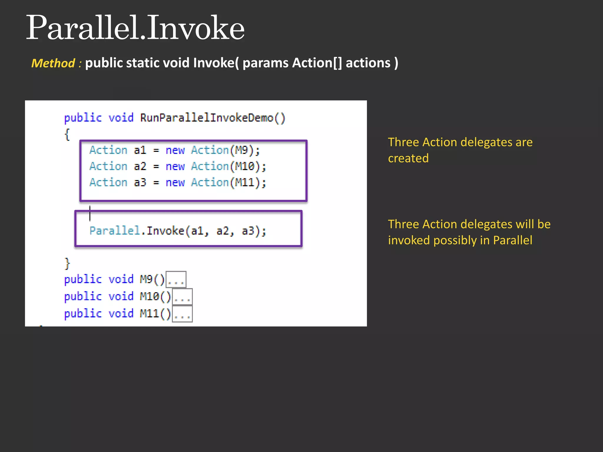 Method : public static void Invoke( params Action[] actions ) Three Action delegates are created Three Action delegates will be invoked possibly in Parallel 