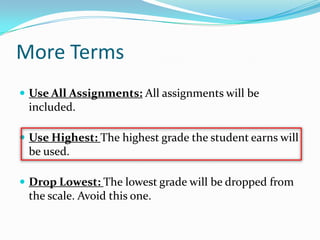 More Terms
 Use All Assignments: All assignments will be
 included.

 Use Highest: The highest grade the student earns will
 be used.

 Drop Lowest: The lowest grade will be dropped from
 the scale. Avoid this one.
 