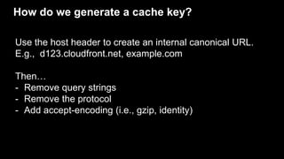 How do we generate a cache key?
Use the host header to create an internal canonical URL.
E.g., d123.cloudfront.net, example.com
Then…
- Remove query strings
- Remove the protocol
- Add accept-encoding (i.e., gzip, identity)
 