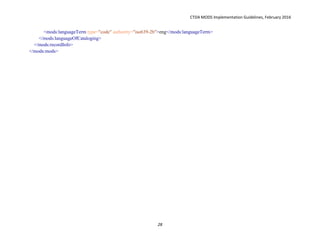 CTDA MODS Implementation Guidelines, February 2016
28
<mods:languageTerm type="code" authority="iso639-2b">eng</mods:languageTerm>
</mods:languageOfCataloging>
</mods:recordInfo>
</mods:mods>
 