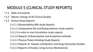 MODULE 5 (CLINICAL STUDY REPORTS)
• 5.1 Table of Contents
• 5.2 Tabular Listings of All Clinical Studies
• 5.3 Clinical Study Reports
5.3.1.1 Bioavailability (BA) study Reports
5.3.1.2 Comparative BA and Bioequivalence study reports
5.3.1.3 In-vitro In-vivo Correlation study reports
5.3.1.4 Reports of Bioanalytical and Analytical methods
5.3.2.1 Plasma Protein Binding Study Reports
5.3.2.2 Reports of Hepatic metabolism and Drug Interaction Studies
5.3.2.3 Reports of Studies Using human Biomaterials 32
 