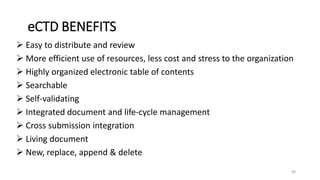 eCTD BENEFITS
 Easy to distribute and review
 More efficient use of resources, less cost and stress to the organization
 Highly organized electronic table of contents
 Searchable
 Self-validating
 Integrated document and life-cycle management
 Cross submission integration
 Living document
 New, replace, append & delete
40
 