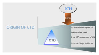ORIGIN OF CTD
10
ICH
EWG
CTD
 Was officially signed off
In November 2000.
 At 10th anniversary of ICH
 In san Diego , California
8
 