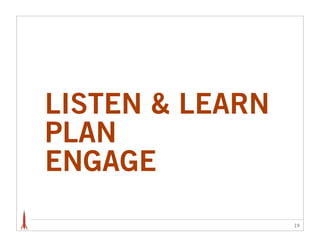 LISTEN & LEARN
PLAN
ENGAGE
                 19
 
