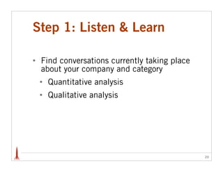 Step 1: Listen & Learn

•   Find conversations currently taking place
    about your company and category
    •   Quantitative analysis
    •   Qualitative analysis




                                                20
 