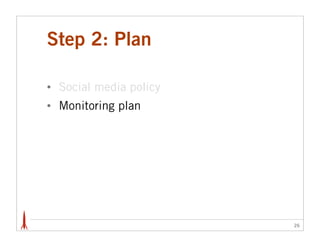 Step 2: Plan

•   Social media policy
•   Monitoring plan




                          26
 