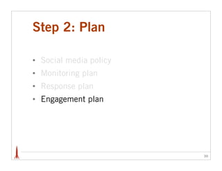 Step 2: Plan

•   Social media policy
•   Monitoring plan
•   Response plan
•   Engagement plan




                          30
 