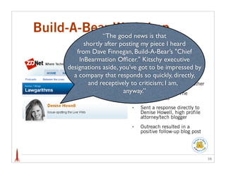 Build-A-Bear Workshop
           “The good news is that
              shortly after posting my piece I heard
           from Dave Finnegan, Build-A-Bear’s "Chief
            InBearmation Ofﬁcer."Monitoringexecutive story
                                 •   Kitschy caught blog
        designations aside, you’ve got ZDNET.com (1.4M by
                                    on
                                    visitors be impressed
                                         to monthly) about
          a company that responds so quickly, directly,
                                    privacy practices
                and receptively to criticism; Iitam, to other
                                 •  In one day, spread
                             anyway.” traffic sites The
                                    high
                                    (BoingBoing.net;
                                     Consumerist)
                                 •   Sent a response directly to
                                     Denise Howell, high profile
                                     attorney/tech blogger
                                 •   Outreach resulted in a
                                     positive follow-up blog post




                                                                    38
 