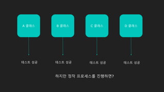 A 클래스 B 클래스 C 클래스 D 클래스
테스트 성공 테스트 성공 테스트 성공 테스트 성공
하지만 정작 프로세스를 진행하면?
 