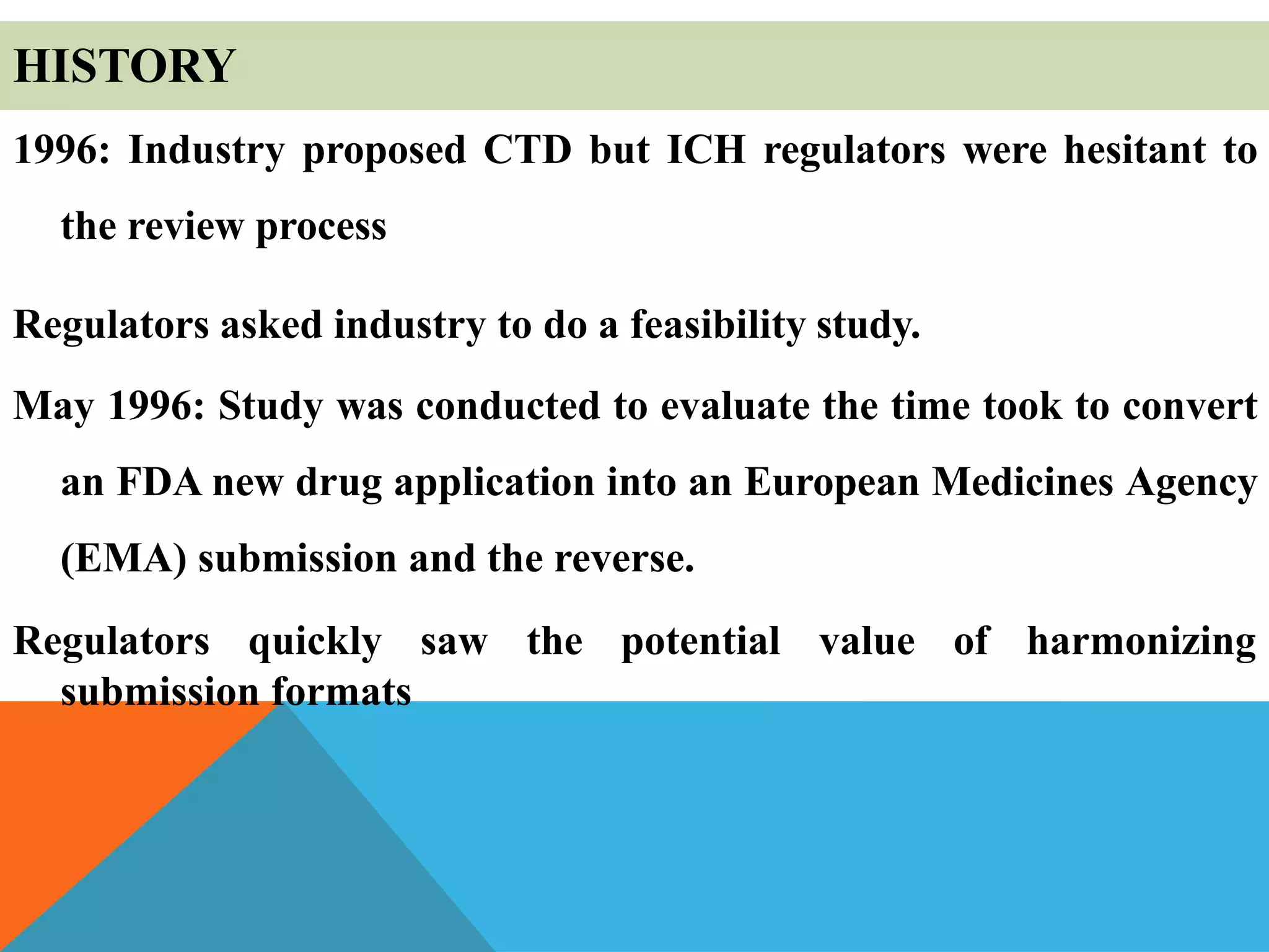 HISTORY
1996: Industry proposed CTD but ICH regulators were hesitant to
the review process
Regulators asked industry to do a feasibility study.
May 1996: Study was conducted to evaluate the time took to convert
an FDA new drug application into an European Medicines Agency
(EMA) submission and the reverse.
Regulators quickly saw the potential value of harmonizing
submission formats
 