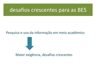 desafios crescentes para as BES
Pesquisa e uso da informação em meio académico
Maior exigência, desafios crescentes
 