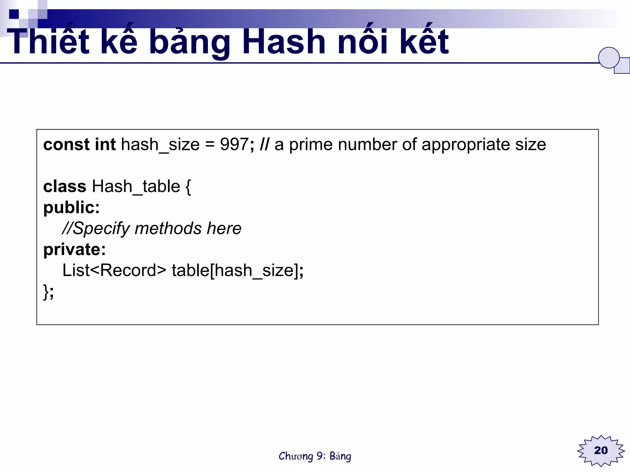 Thiết kế bảng Hash nối kết const int  hash_size = 997 ; //  a prime number of appropriate size class  Hash_table { public: //Specify methods here private: List<Record> table[hash_size] ; } ; 
