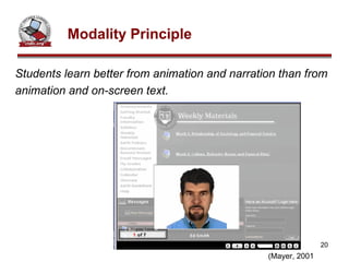 Modality Principle Students learn better from animation and narration than from animation and on-screen text. (Mayer, 2001 