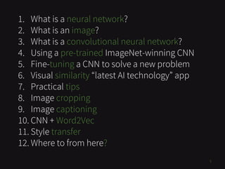 1. What is a neural network?
2. What is an image?
3. What is a convolutional neural network?
4. Using a pre-trained ImageNet-winning CNN
5. Fine-tuning a CNN to solve a new problem
6. Visual similarity “latest AI technology” app
7. Practical tips
8. Image cropping
9. Image captioning
10. CNN + Word2Vec
11. Style transfer
12. Where to from here?
5
 
