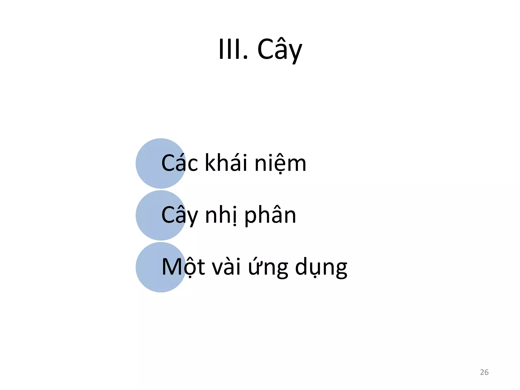 III. Cây
26
Các khái niệm
Cây nhị phân
Một vài ứng dụng
 