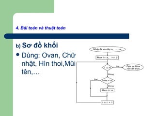 4. Bài toán và thuật toán
b) Sơ đồ khối
Dùng: Ovan, Chữ
nhật, Hìn thoi,Mũi
tên,…
 