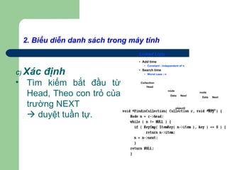 2. Biểu diễn danh sách trong máy tính
C) Xác định
• Tìm kiếm bắt đầu từ
Head, Theo con trỏ của
trường NEXT
 duyệt tuần tự.
Linked Lists
• Add time
• Constant - independent of n
• Search time
• Worst case - n
Data Next
object
Head
Collection
node
Data Next
object2
node
 