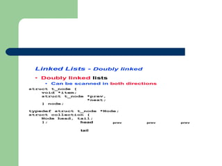 Linked Lists - Doubly linked
• Doubly linked lists
• Can be scanned in both directions
struct t_node {
void *item;
struct t_node *prev,
*next;
} node;
typedef struct t_node *Node;
struct collection {
Node head, tail;
}; head
tail
prev prev prev
 