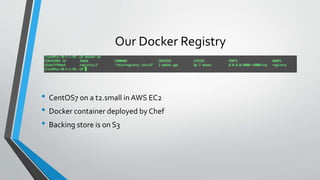 Our Docker Registry
• CentOS7 on a t2.small in AWS EC2
• Docker container deployed by Chef
• Backing store is on S3
 