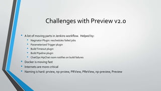 Challenges with Preview v2.0
• A lot of moving parts in Jenkins workflow. Helped by:
• Naginator Plugin: reschedules failed jobs
• Parameterized Trigger plugin
• BuildTimeout plugin
• Build Pipeline plugin
• ChatOps HipChat room notifies on build failures
• Docker is moving fast
• Internets are more critical
• Naming is hard: prview, np-prview, PRView, PReView, np-preview, Preview
 