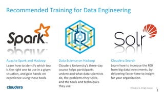12© Cloudera, Inc. All rights reserved.
1
Recommended Training for Data Engineering
Learn how to identify which tool
is the right one to use in a given
situation, and gain hands-on
experience using those tools
Cloudera University’s three-day
course helps participants
understand what data scientists
do, the problems they solve,
and the tools and techniques
they use
Learn how to increase the ROI
from big data investments, by
delivering faster time to insight
for your organization.
Apache Spark and Hadoop Data Science on Hadoop Cloudera Search
 